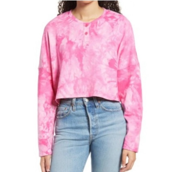 bp Sweaters - Bp Tie Dye Cropped Henley Button Long Sleeve Casual pink Sweater Top Size large